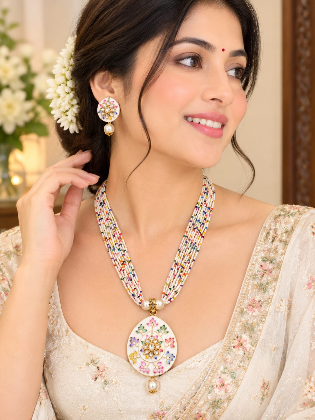 Multicolour Floral Pendant Necklace Set with Matching Earrings for Women