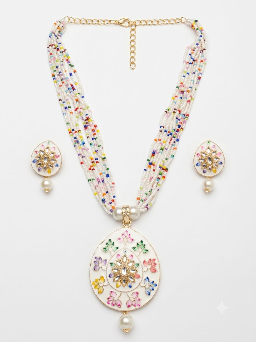 Multicolour Floral Pendant Necklace Set with Matching Earrings for Women