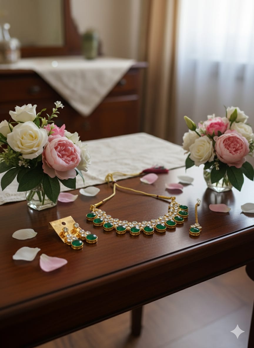 Green Stone &amp; Crystal Traditional Necklace Set with Matching Earrings and Maang Tikka for Women