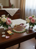 Green Stone &amp; Crystal Traditional Necklace Set with Matching Earrings and Maang Tikka for Women