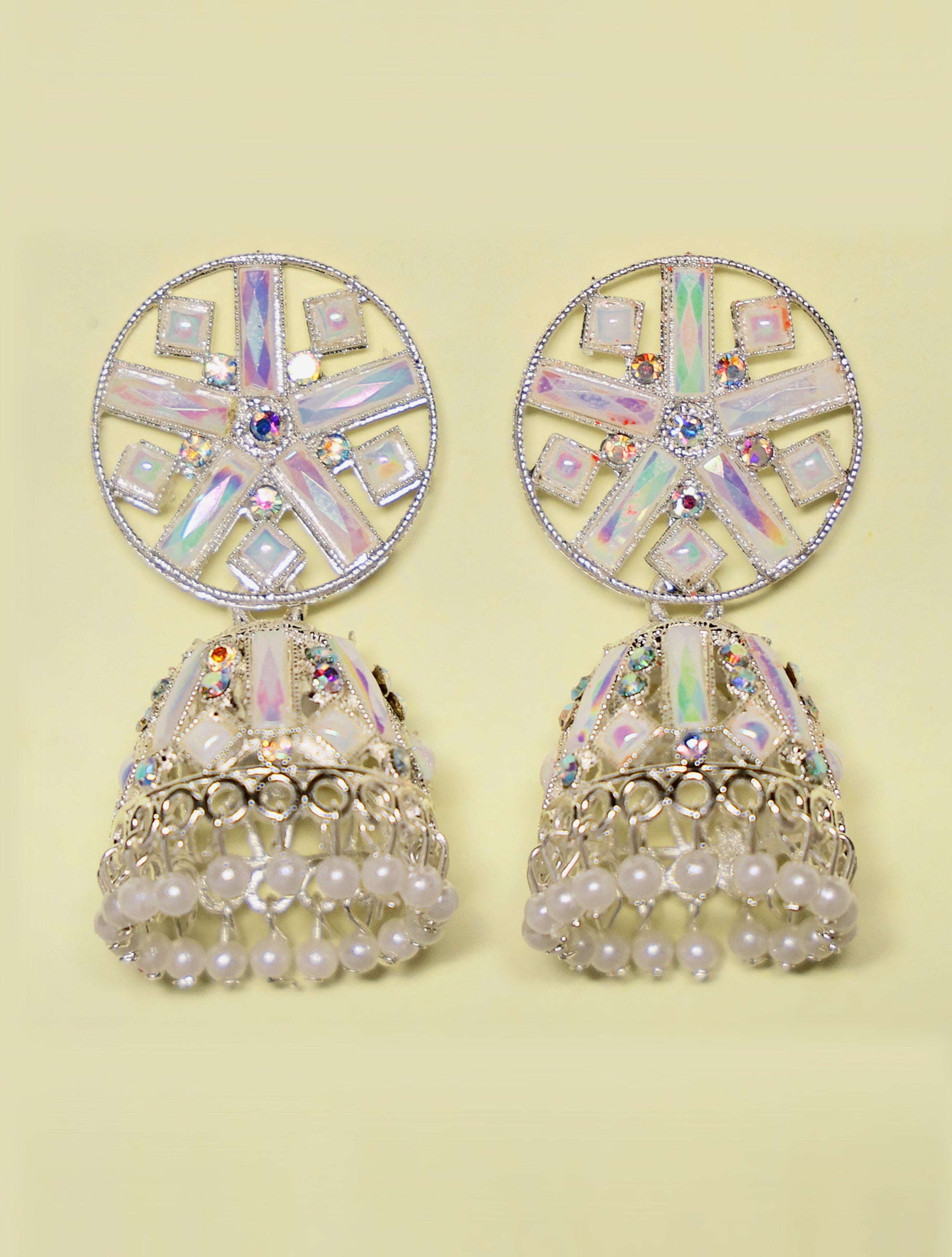 Silver-Tone Mirror Jhumka Earrings with Pearl Drops for Women | Traditional Statement Earrings