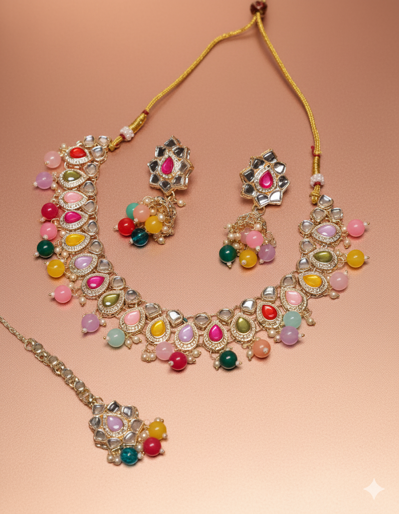 Multicolor Kundan Choker Necklace Set with Jhumka Earrings & Maang Tikka | Gold-Tone Adjustable Bridal Jewelry for Women