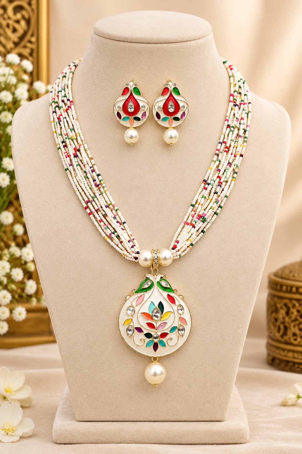 Stunning Neck set I Multilayer White Beaded Pendant Necklace Set with Matching Enamel Earrings for Women